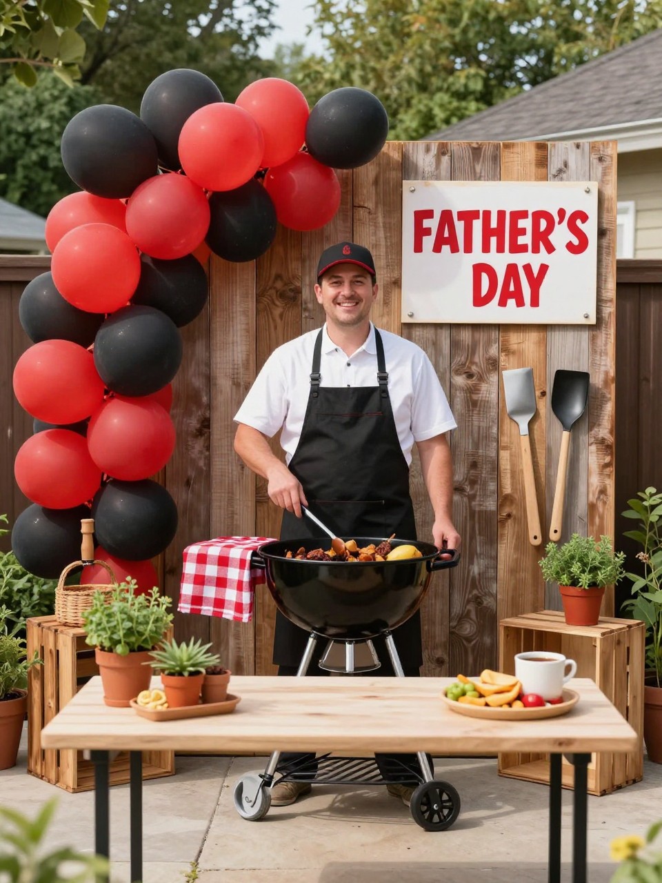 Image Prompt:
A single realistic editorial-style photo of a grill master Father’s Day backdrop with a rustic wood wall, black and red balloon accents, barbecue tool props styled neatly, plaid fabric, wooden crates, small herb pots, a simple food table in front, backyard patio setting, no people, no faces, warm natural sunlight, realistic party photography, no readable text, no watermark.
