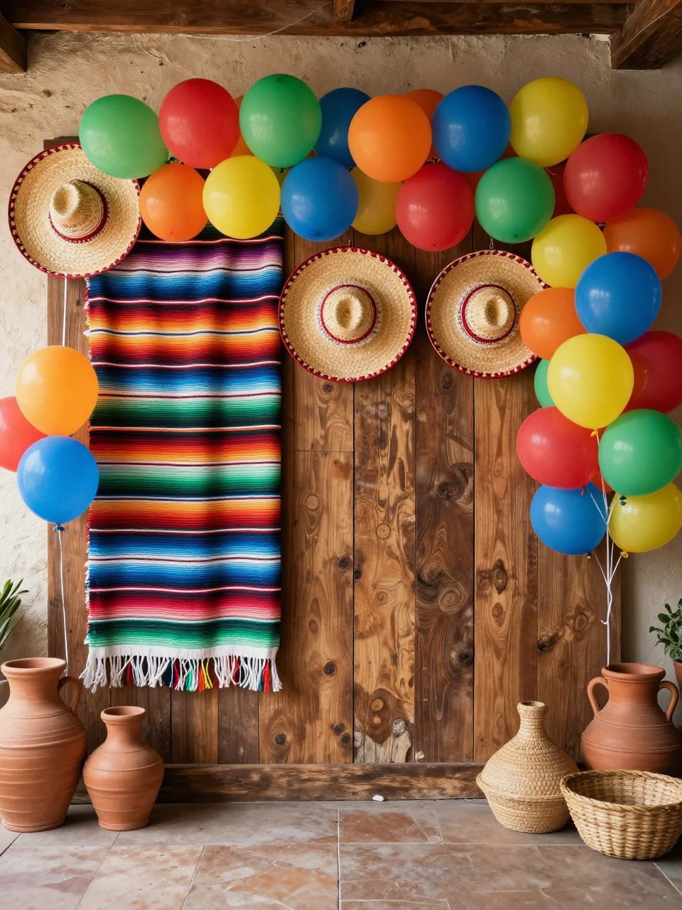 Image Prompt:
A single realistic photo of a Mexican theme party backdrop with a rustic wooden wall, colorful serape blankets draped neatly across one side, decorative sombreros placed as wall accents, bright balloon clusters in red, yellow, green, blue, and orange, terracotta pots, woven baskets, indoor fiesta setting, no people, no faces, realistic party photography, no text, no watermark.