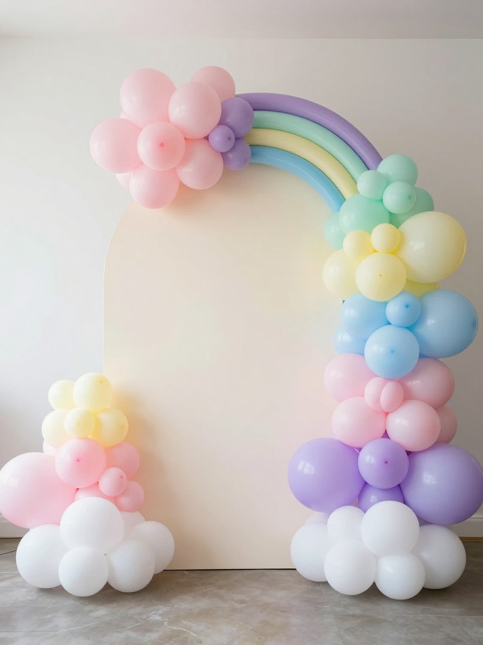 Image Prompt:
A single realistic photo of a pastel party backdrop with a large cream circular panel, a rainbow-style balloon arrangement in soft pink, lilac, butter yellow, mint, and baby blue curving around the panel, fluffy white cloud props at the base, bright indoor party room, no people, no faces, soft daylight, realistic event photography, no text, no watermark.
