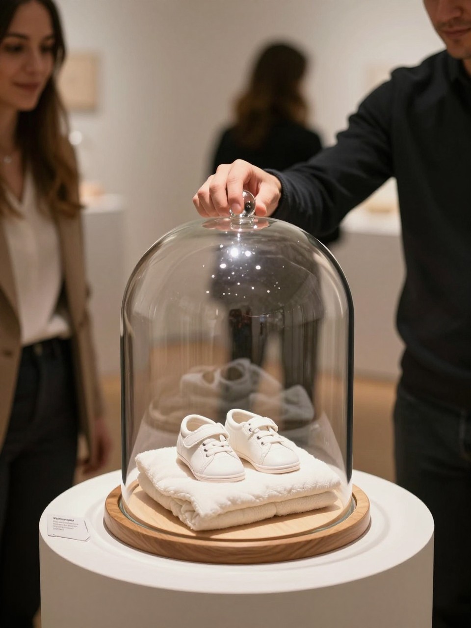 A realistic editorial photo of a sophisticated intimate gender reveal styled like a mini museum exhibit, pedestal table with glass dome, tiny baby shoes or folded blanket underneath, small printed label, soft spotlight, parents lifting the cover, elegant neutral decor, editorial photography