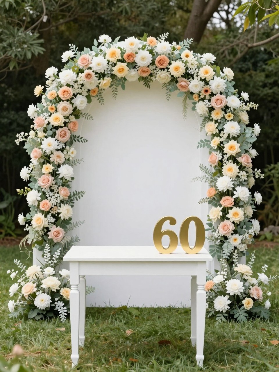Image Prompt:
A single realistic photo of an outdoor 60th birthday backdrop with a white arched floral frame covered in ivory, blush, peach, and soft yellow flowers, light greenery woven through the frame, a white dessert table in front, gold number 60 props beside the table, grass lawn setting, soft afternoon sunlight, no people, no faces, realistic garden party photography, no watermark.