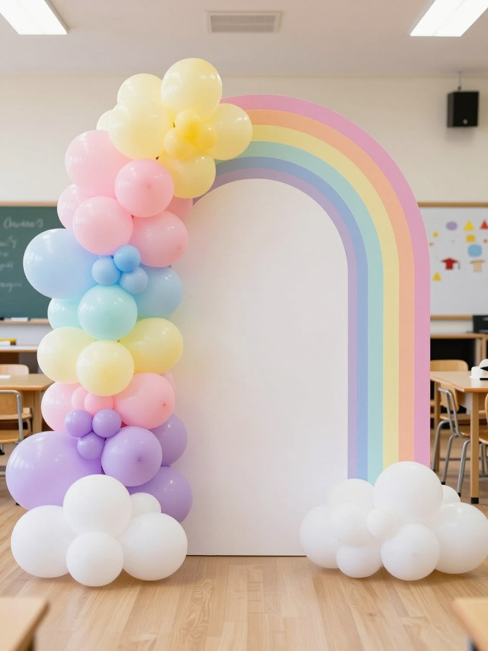 Image Prompt:
A single realistic editorial-style photo of a preschool graduation backdrop with a large pastel rainbow arch, soft balloon garland in pink, yellow, mint, sky blue, lavender, and white, fluffy white cloud props at the base, small graduation cap decorations, white plinths, cheerful classroom event space, no people, no faces, bright natural lighting, realistic school celebration photography, no text, no watermark.