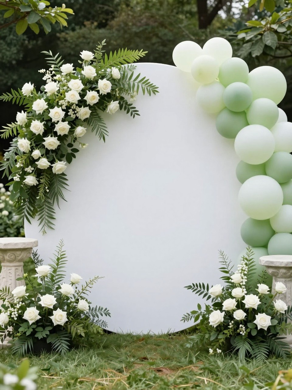 Image Prompt:
A single realistic editorial photo of a fresh garden-inspired circle backdrop with a white round panel framed partly with lush greenery, white roses, soft pale green balloon accents, stone-look plinths, outdoor garden setting, no people, no faces, natural sunlight, realistic elegant event photography, no text, no watermark.