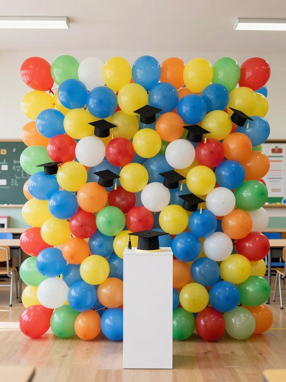 Image Prompt:
A single realistic editorial-style photo of a full preschool graduation balloon wall with balloons in bright red, yellow, blue, green, orange, and white, small graduation cap details tucked into the balloon wall, white cake or certificate plinth in front, cheerful indoor classroom event space, no people, no faces, bright natural light, realistic school party photography, no text, no watermark.