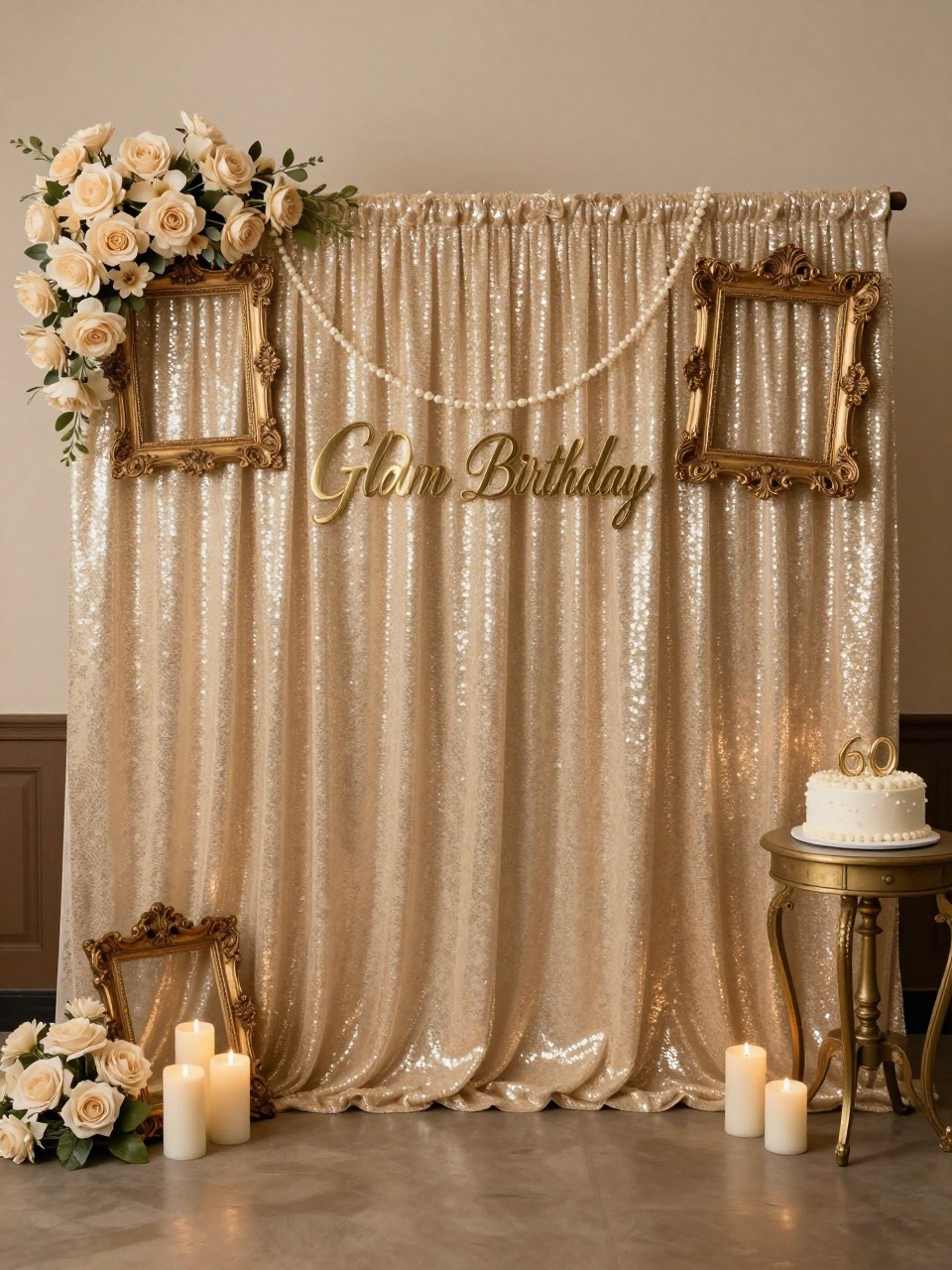 Image Prompt:
A single realistic photo of a vintage glam 60th birthday backdrop with a champagne sequin curtain, pearl garlands, antique-style gold frames, ivory floral arrangements, candle clusters, a small vintage side table with cake, warm indoor evening lighting, no people, no faces, realistic editorial party photography, no readable text, no watermark.