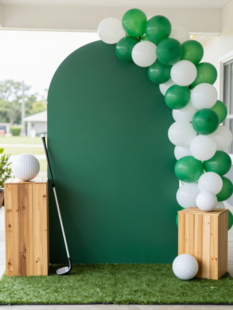Image Prompt:
A single realistic photo of a golf-themed Father’s Day party backdrop with a deep green arch panel, faux turf base, golf club props placed safely to the side, white golf ball decor, green and white balloon garland, wooden plinths, bright indoor or covered patio setting, no people, no faces, realistic event photography, no readable logos, no text, no watermark.