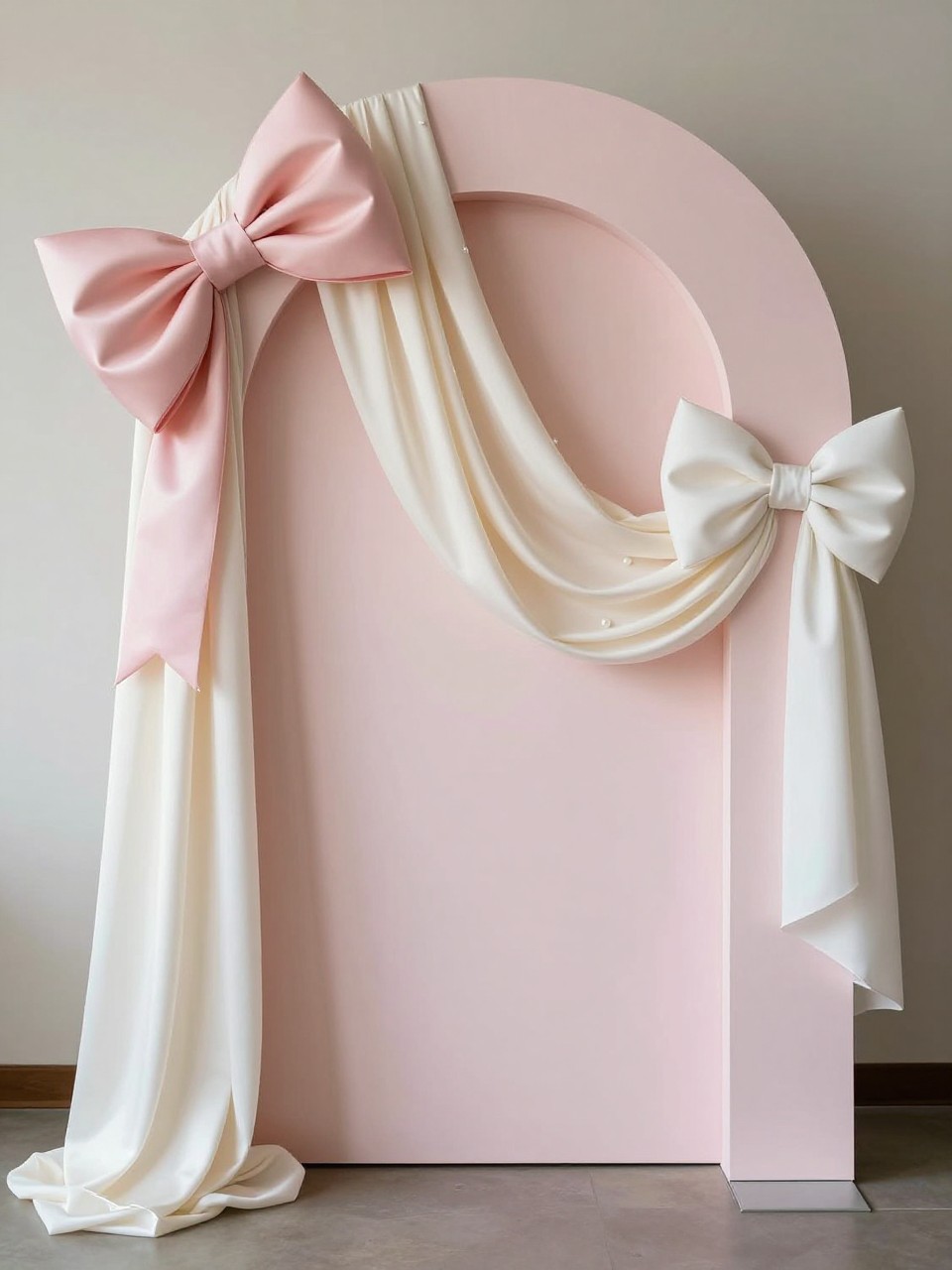 Image Prompt:
A single realistic editorial photo of a cute arch backdrop with a pale pink arched panel, soft cream fabric draped loosely over one side, oversized satin bows in blush and ivory attached along the drape, a few pearl accents, small pedestal stands in front, elegant indoor party setup, no people, no faces, soft natural lighting, realistic event photography, no text, no watermark.