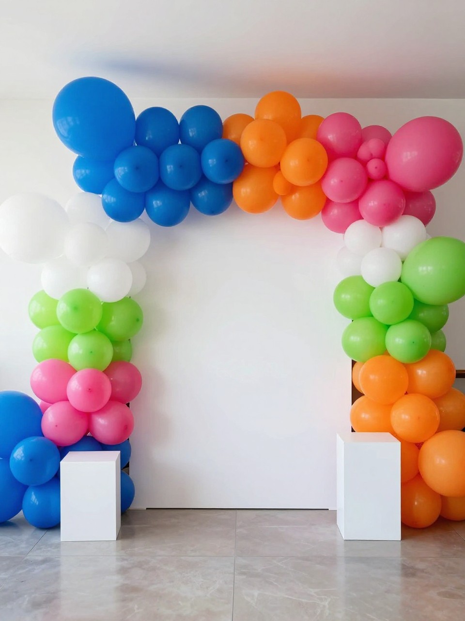 Image Prompt:
A single realistic photo of a bold color block balloon backdrop with large sections of balloons in cobalt blue, hot pink, orange, lime green, and white, arranged in clean blocks around a simple white panel, glossy party floor, small matching plinths, modern fun indoor event setting, no people, no faces, bright daylight, realistic editorial party photography, no text, no watermark.