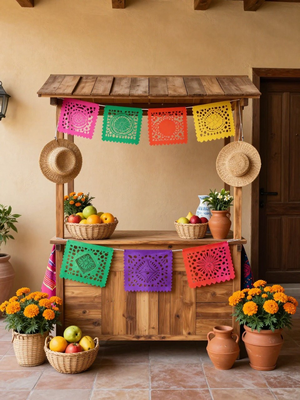 Image Prompt:
A single realistic editorial-style photo of a Mexican market-inspired party backdrop with a small rustic wooden market stand, colorful paper banners, woven baskets filled with faux fruit, terracotta pots, marigold-style flowers, bright textiles, warm indoor or patio event setting, no people, no faces, realistic event photography, no readable text, no watermark.