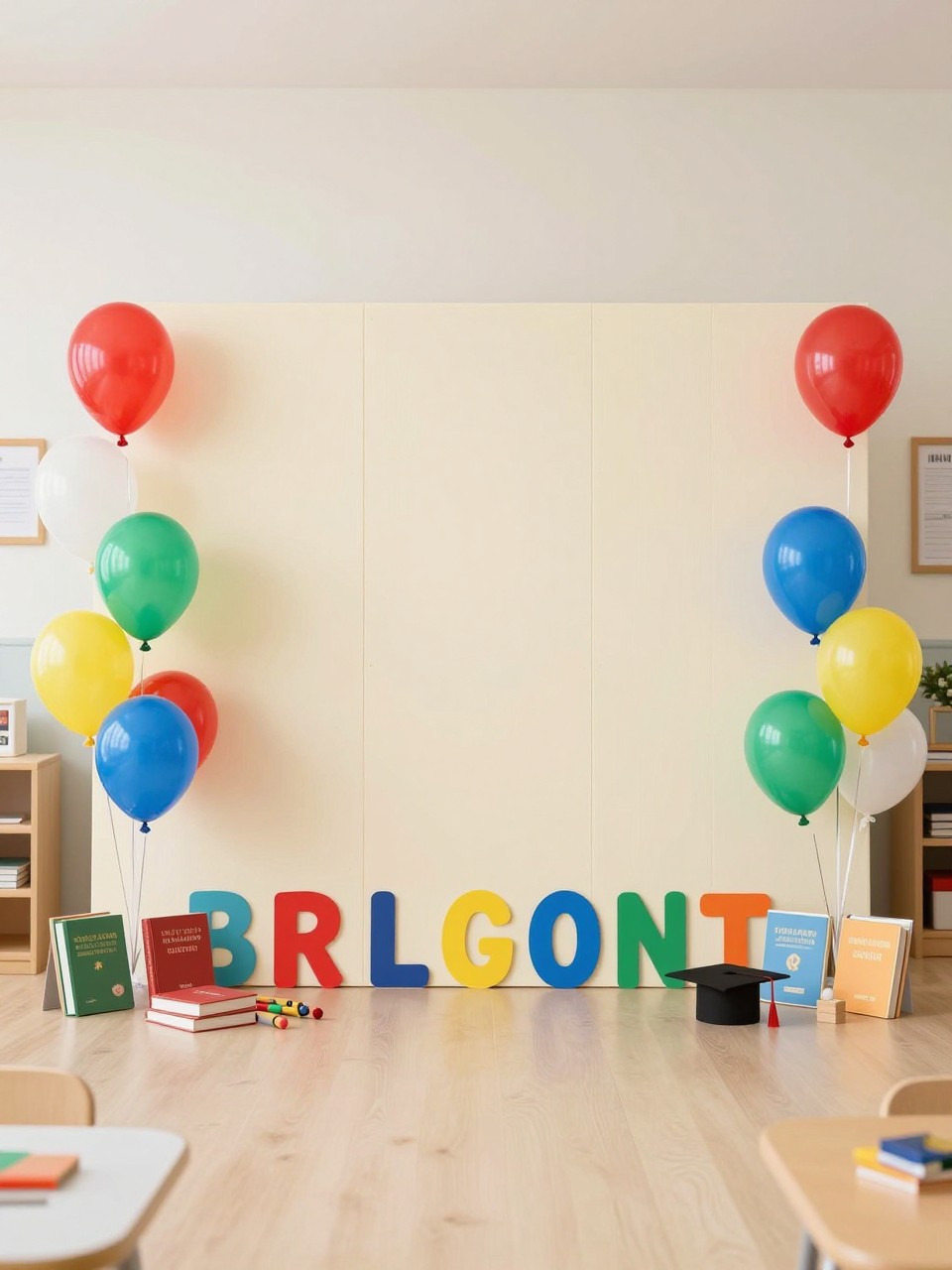 Image Prompt:
A single realistic photo of a preschool graduation backdrop with a cream panel wall, colorful alphabet letter props arranged neatly around the base, balloon clusters in red, yellow, blue, green, and white, small books, crayons, wooden blocks, and mini graduation cap props, bright classroom setting, no people, no faces, realistic event photography, no readable text, no watermark.