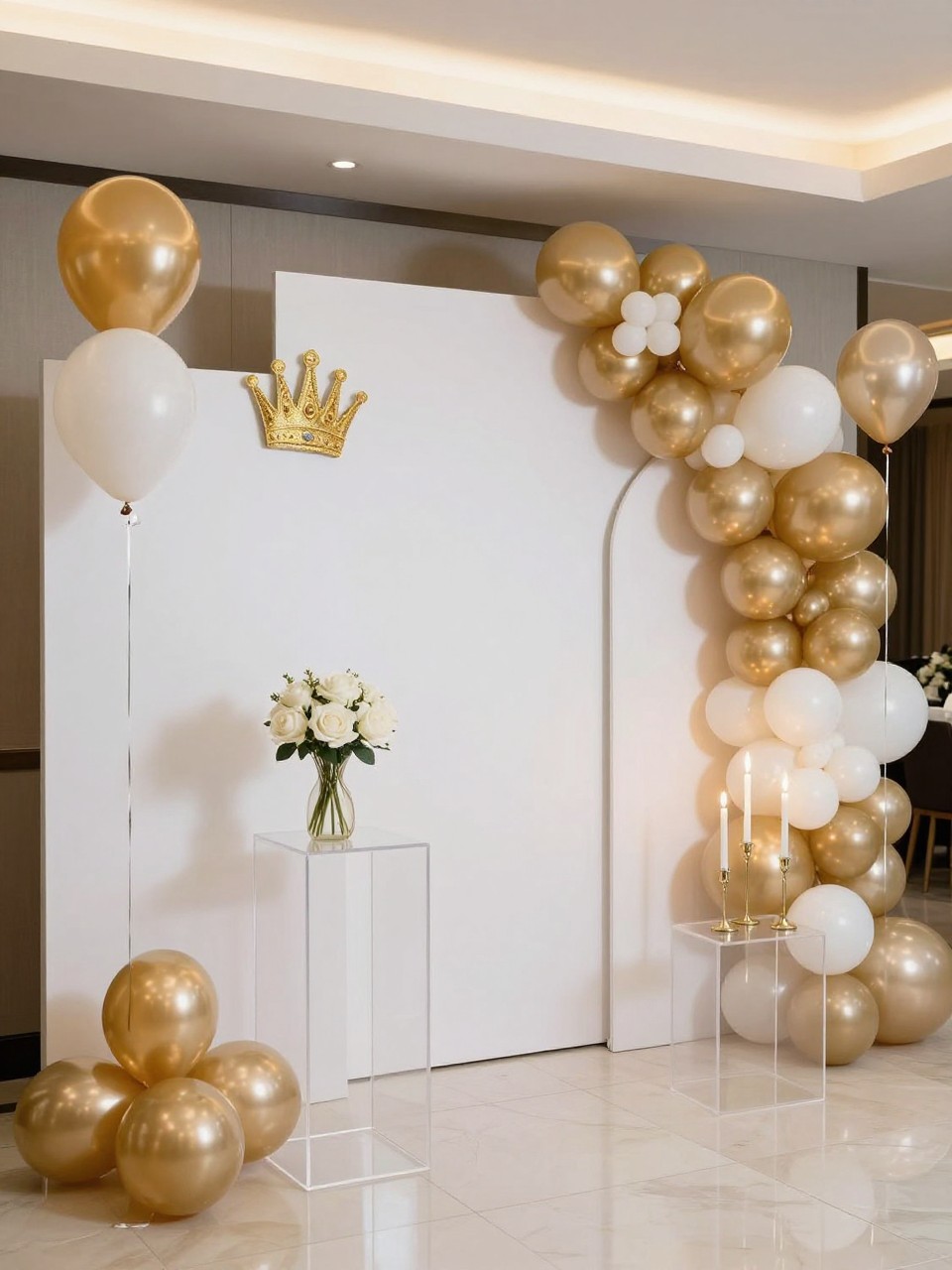Image Prompt:
A single realistic photo of a luxurious white and gold quinceañera backdrop with white curved panels, champagne gold balloons, white roses, gold crown props, clear acrylic plinths, candle-style decor, polished indoor event hall, no people, no faces, soft diffused lighting, realistic upscale party photography, no text, no watermark.
