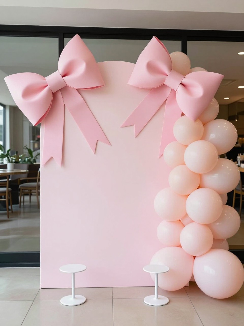 Image Prompt:
A single realistic photo of a cute party backdrop with a pale pink circular backdrop panel, oversized satin bows attached around the edge, a soft blush balloon cluster at one side, small pedestal stands in front, polished indoor celebration space, no people, no faces, soft daylight, realistic party photography, no text, no watermark.
