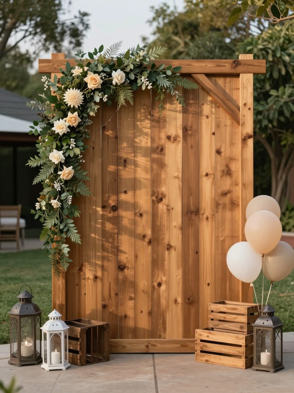 Image Prompt:
A single realistic photo of a rustic wooden arch backdrop with a warm natural wood frame, greenery garlands wrapped around one side, ivory flowers tucked into the greenery, lanterns and wooden crates at the base, soft neutral balloon accents, outdoor backyard or barn-style setting, no people, no faces, golden hour lighting, realistic party photography, no text, no watermark.
