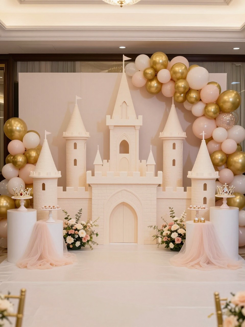 Image Prompt:
A single realistic editorial-style photo of a fairytale quinceañera backdrop with a soft ivory castle-shaped panel, delicate turret details, blush and gold balloon garland, soft flowers, crown props, tulle fabric, white dessert plinths, elegant indoor ballroom setting, no people, no faces, realistic magical party photography, no text, no watermark.