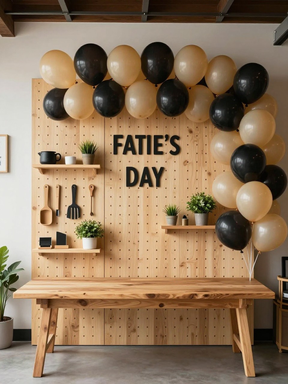 Image Prompt:
A single realistic editorial-style photo of a creative Father’s Day backdrop with a neat pegboard-style wall displaying clean decorative tools, warm wood shelves, tan and black balloon clusters, small potted greenery, wooden workbench-style table in front, indoor garage-inspired party setting, no people, no faces, warm realistic lighting, no text, no watermark.