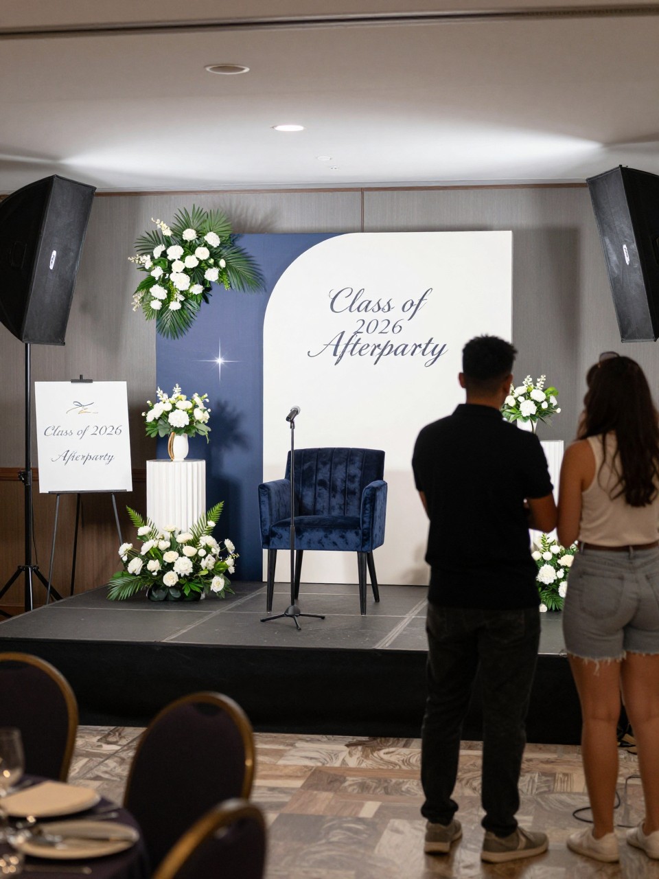 A realistic DSLR photo of a small graduation party stage setup with a velvet chair, microphone stand, diploma-style backdrop, soft spotlights, flower arrangements, and a “Class of 2026 Afterparty” sign, two guests standing near the stage with their backs to the camera and slightly out of focus, indoor venue, modern celebratory mood.