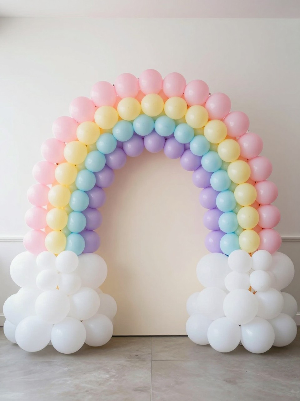 Image Prompt:
A single realistic photo of a pastel rainbow balloon backdrop with soft pink, lilac, butter yellow, mint, peach, and sky blue balloons arranged in a large rainbow shape over a cream panel, fluffy white cloud props at the base, small white plinths, bright airy indoor party room, no people, no faces, soft daylight, realistic event photography, no text, no watermark.