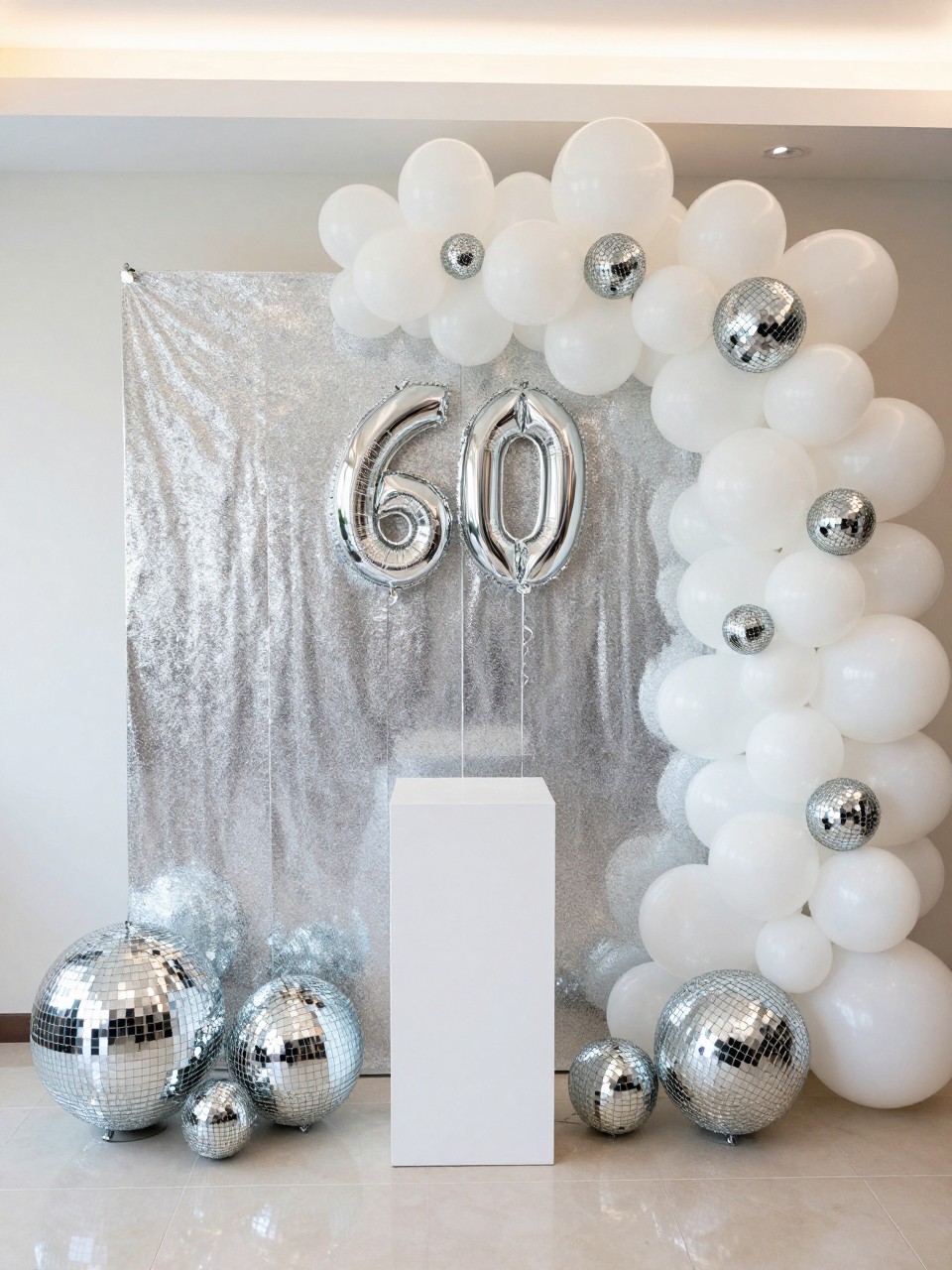 Image Prompt:
A single realistic photo of a fun 60th birthday backdrop with a silver shimmer wall, champagne and white balloon garland, small disco balls tucked into the balloon clusters, larger disco balls at the base, a white cake pedestal, bright indoor party lighting, no people, no faces, realistic event photography, no watermark.