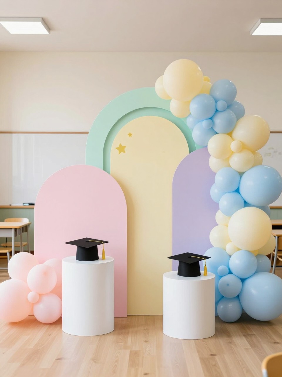 Image Prompt:
A single realistic editorial-style photo of a pastel preschool graduation backdrop with layered curved panels in blush pink, mint, pale yellow, lavender, sky blue, and ivory, soft balloon clusters, white plinths, tiny graduation cap props, cute star accents, airy indoor classroom setting, no people, no faces, soft daylight, realistic event photography, no text, no watermark.