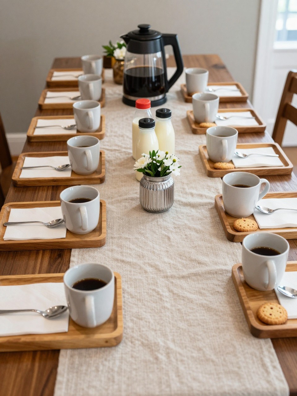 A realistic DSLR photo of a creative party coffee bar with small individual wooden trays arranged on a buffet, each tray holding a mug, napkin, spoon, sugar packet, and mini cookie, coffee carafe and creamer bottles placed at the center, neutral linen runner, small floral arrangement, warm daylight, organized home party styling, no people.