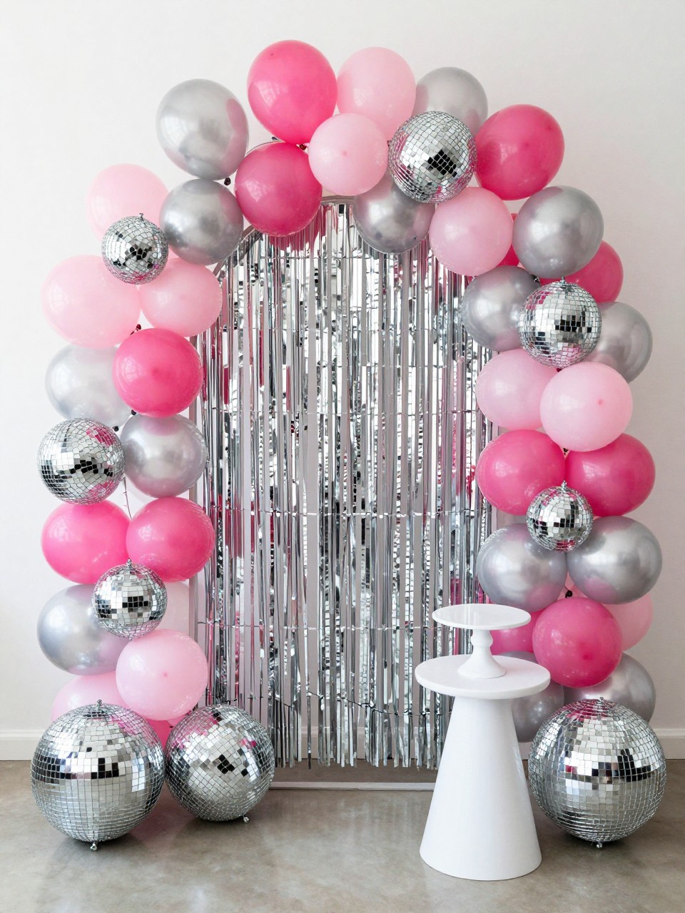 Image Prompt:
A single realistic editorial photo of a playful arch backdrop with a silver arch frame decorated with small disco balls, silver and hot pink balloons, metallic fringe strips, larger disco balls at the base, a white pedestal cake stand, bright indoor party lighting, no people, no faces, realistic fun event photography, no text, no watermark.