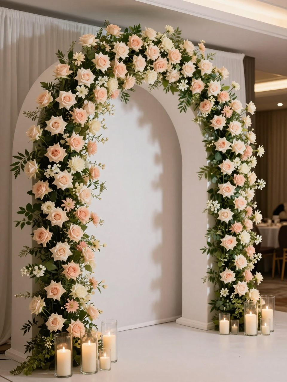 Image Prompt:
A single realistic editorial-style photo of a romantic quinceañera backdrop with a large white arched floral frame covered in blush roses, ivory flowers, pale pink blooms, and soft greenery, many glass candle holders at the base, white plinths, elegant indoor venue, no people, no faces, warm romantic lighting, realistic luxury event photography, no text, no watermark.