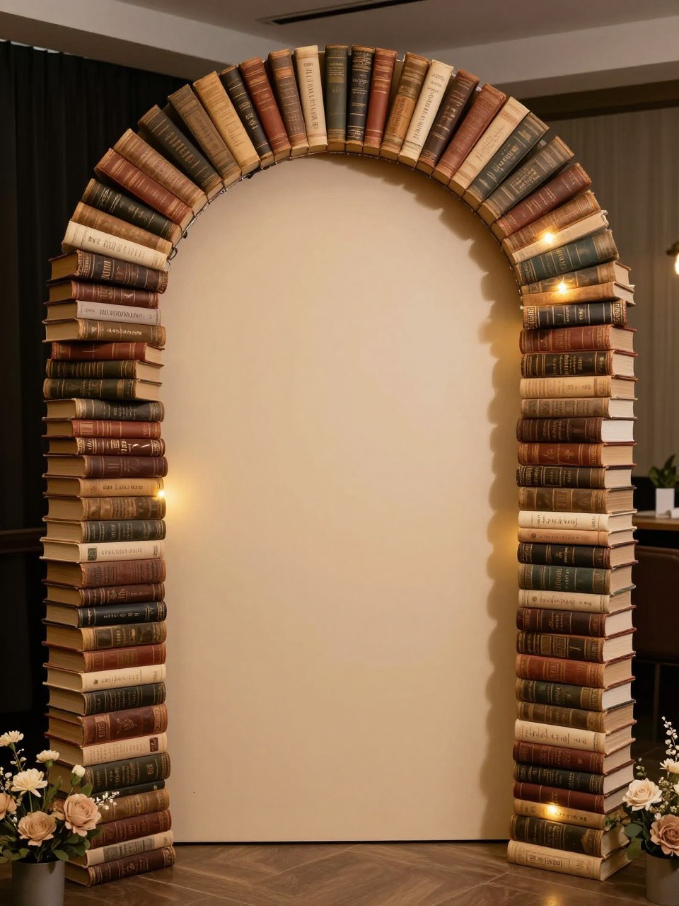 Image Prompt:
A single realistic editorial-style photo of a creative arch backdrop made with stacked vintage-style books forming a curved arch shape around a cream panel, small warm lights tucked between some book stacks, a few neutral flowers at the base, cozy indoor library-inspired event setting, no people, no faces, soft warm lighting, realistic event photography, no readable book text, no watermark.