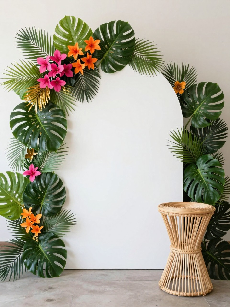 Image Prompt:
A single realistic photo of a tropical party backdrop with a white circular panel surrounded by monstera leaves, palm leaves, bright pink and orange flowers, a few gold accents, a small rattan pedestal table, airy indoor party setup, no people, no faces, bright natural light, realistic event photography, no text, no watermark.