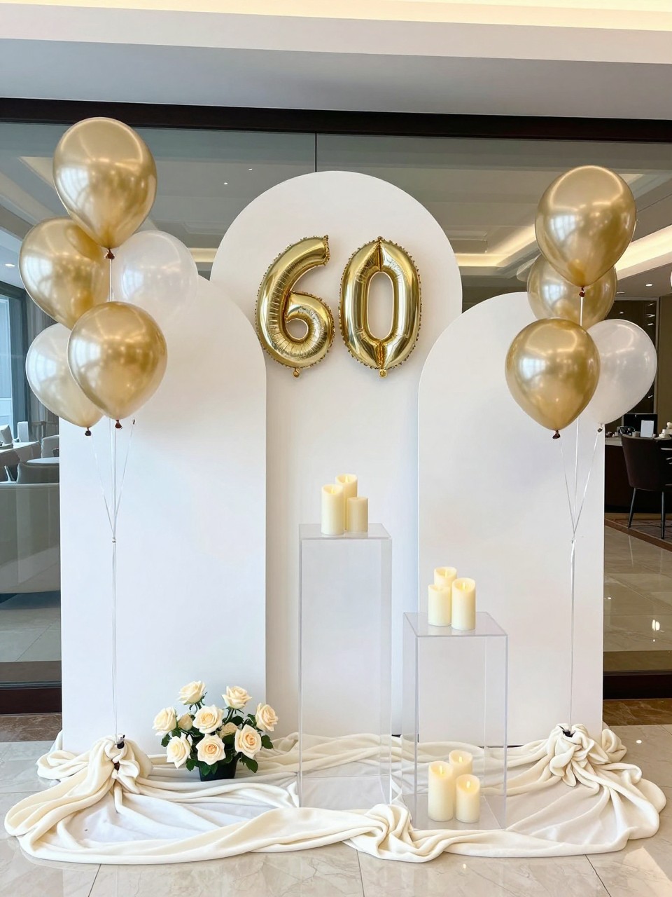 Image Prompt:
A single realistic photo of an elegant 60th birthday backdrop with white curved backdrop panels, champagne gold balloons in mixed sizes, ivory roses at the base, clear acrylic plinths, soft candle-style decor, cream fabric draping on the floor, polished indoor venue, no people, no faces, bright natural lighting, realistic upscale party photography, no watermark.