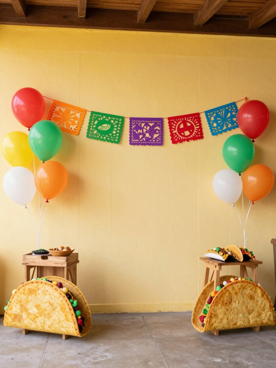 Image Prompt:
A single realistic photo of a fun Mexican taco party backdrop with a bright yellow and cream panel wall, taco-inspired party props, colorful balloons in red, green, yellow, orange, and white, papel picado banners, small wooden food station in front, casual indoor or patio party setting, no people, no faces, realistic event photography, no readable text, no watermark.