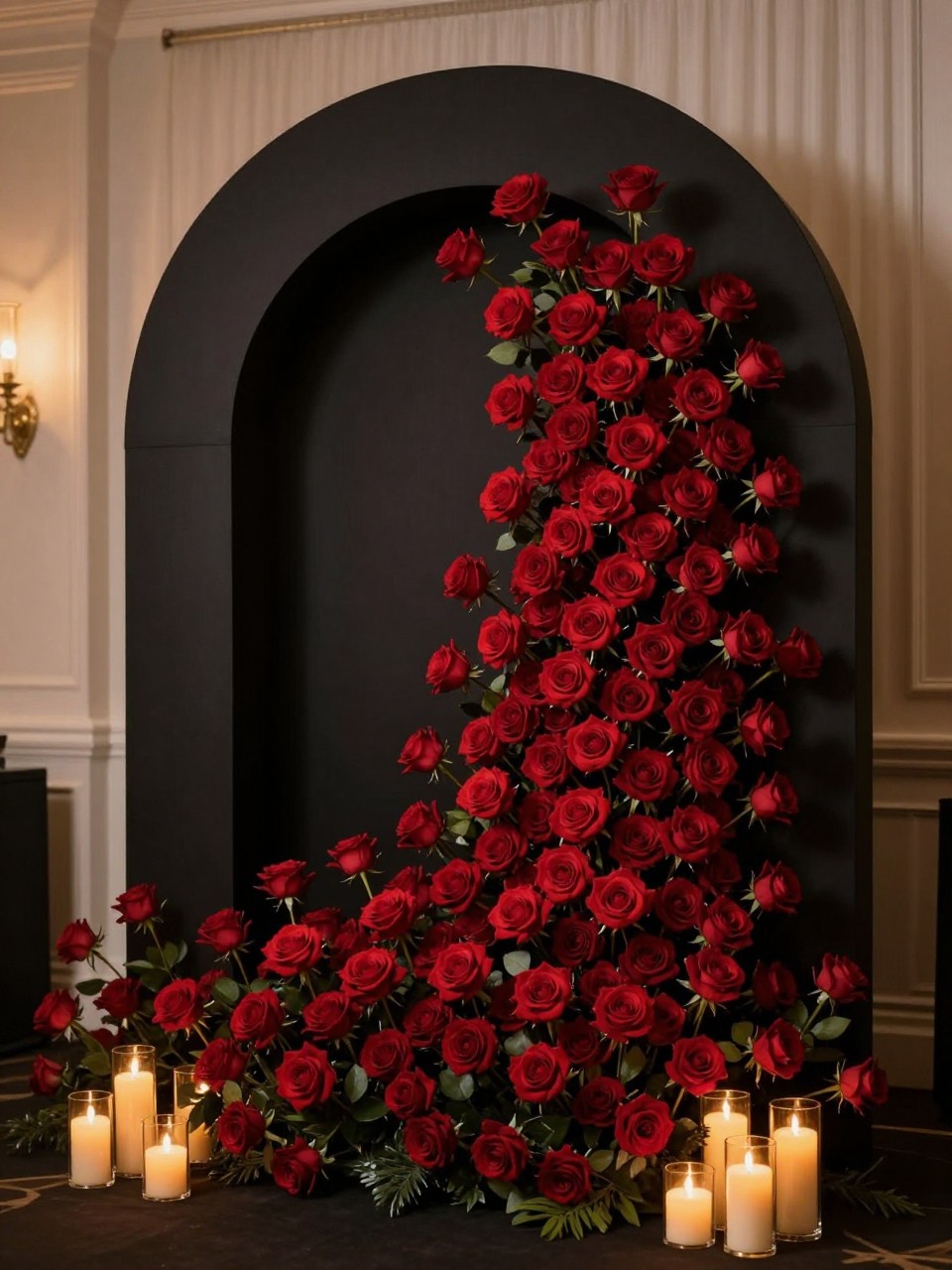 Image Prompt:
A single realistic photo of a dramatic flower backdrop with deep red roses covering a matte black arched panel, soft candlelight at the base, gold pedestal stands, dark green foliage accents, elegant indoor evening event setting, no people, no faces, warm moody lighting, realistic luxury event photography, no text, no watermark.