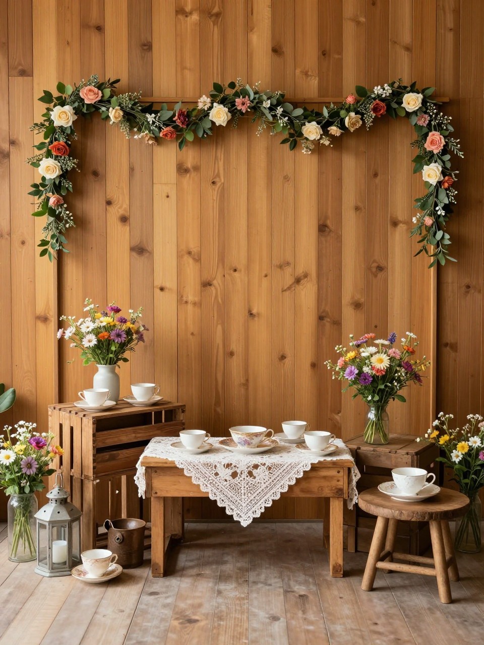 Image Prompt:
A single realistic photo of a rustic tea party backdrop with a warm wooden panel wall, floral garland, vintage teacups, wooden crates, lace table runner, wildflower arrangements, lanterns, small tea table, cozy indoor or backyard party setting, no people, no faces, golden natural lighting, realistic lifestyle event photography, no text, no watermark.