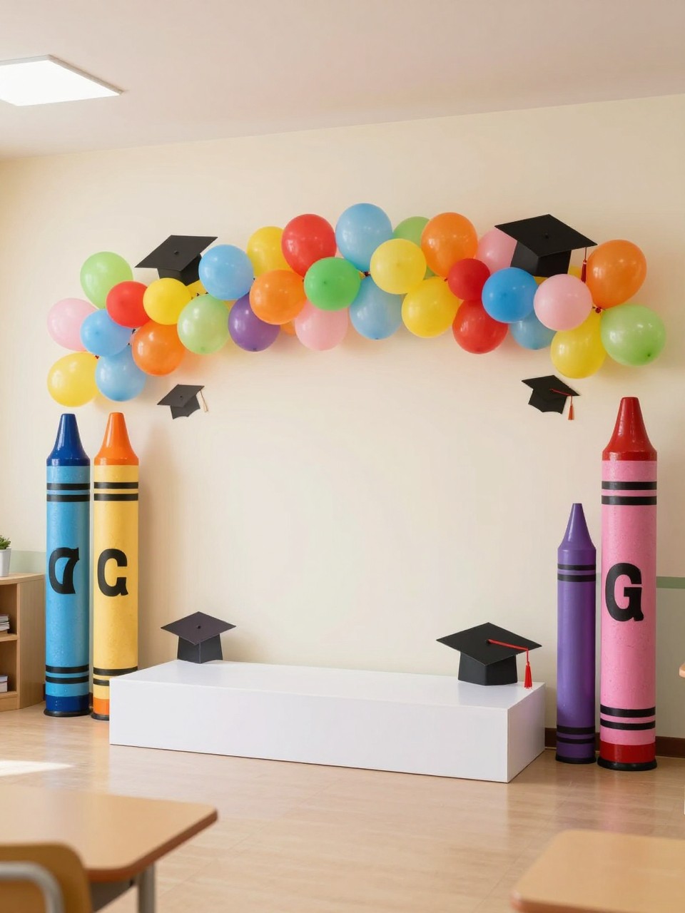 Image Prompt:
A single realistic editorial-style photo of a preschool graduation backdrop inspired by a giant crayon box, with oversized colorful crayon props arranged along a cream wall, bright balloon garland, small graduation cap cutouts, a low white plinth, classroom-style floor, no people, no faces, soft bright lighting, realistic cheerful school event photography, no text, no watermark.