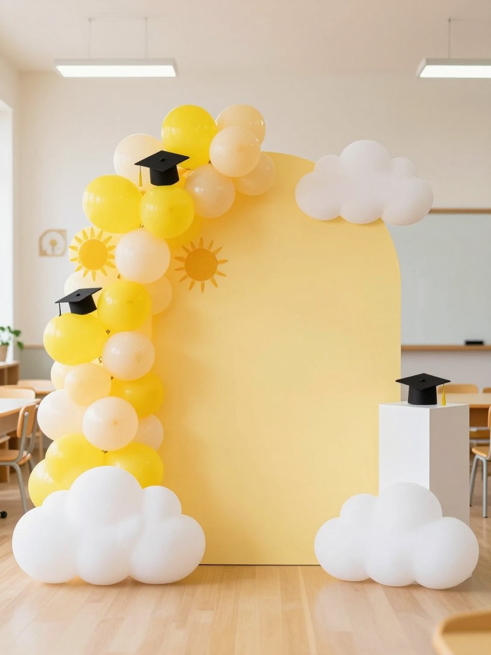 Image Prompt:
A single realistic editorial-style photo of a preschool graduation backdrop with a sunny yellow circular panel, soft white cloud props, yellow and ivory balloon garland, small sunburst decorations, mini graduation cap details, white plinths, bright airy classroom event space, no people, no faces, warm natural lighting, realistic cheerful photography, no text, no watermark.