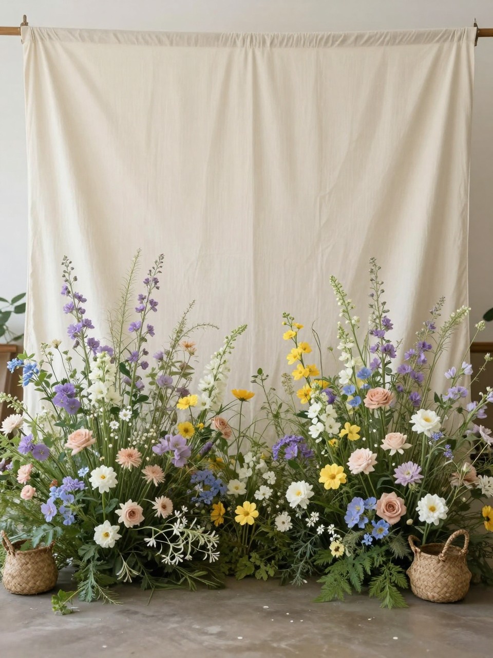 Image Prompt:
A single realistic photo of a soft wildflower-inspired backdrop with a cream fabric wall, loose clusters of fresh-looking wildflowers in lavender, pale yellow, white, blush, and soft blue, low flower arrangements at the base, woven baskets, natural daylight, garden-style indoor event space, no people, no faces, realistic editorial party photography, no text, no watermark.