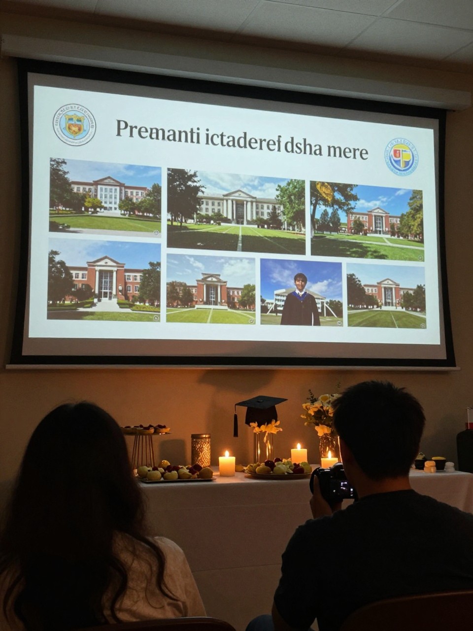 A realistic DSLR photo of a modern graduation party with a large projection wall showing college memories, campus photos, short video clips, and soft animated text, a dessert table below with candles and flowers, two guests watching from behind in soft focus, dark cozy room with warm lighting, cinematic realistic event photography.