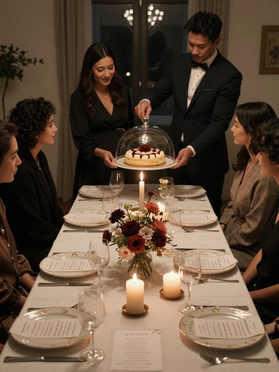 A realistic editorial photo of an intimate gender reveal dinner party styled like a secret supper club, candlelit table, handwritten menus, covered plates, moody florals, guests dressed nicely, parents lifting a cloche to reveal a dessert in one reveal color, warm cinematic indoor lighting