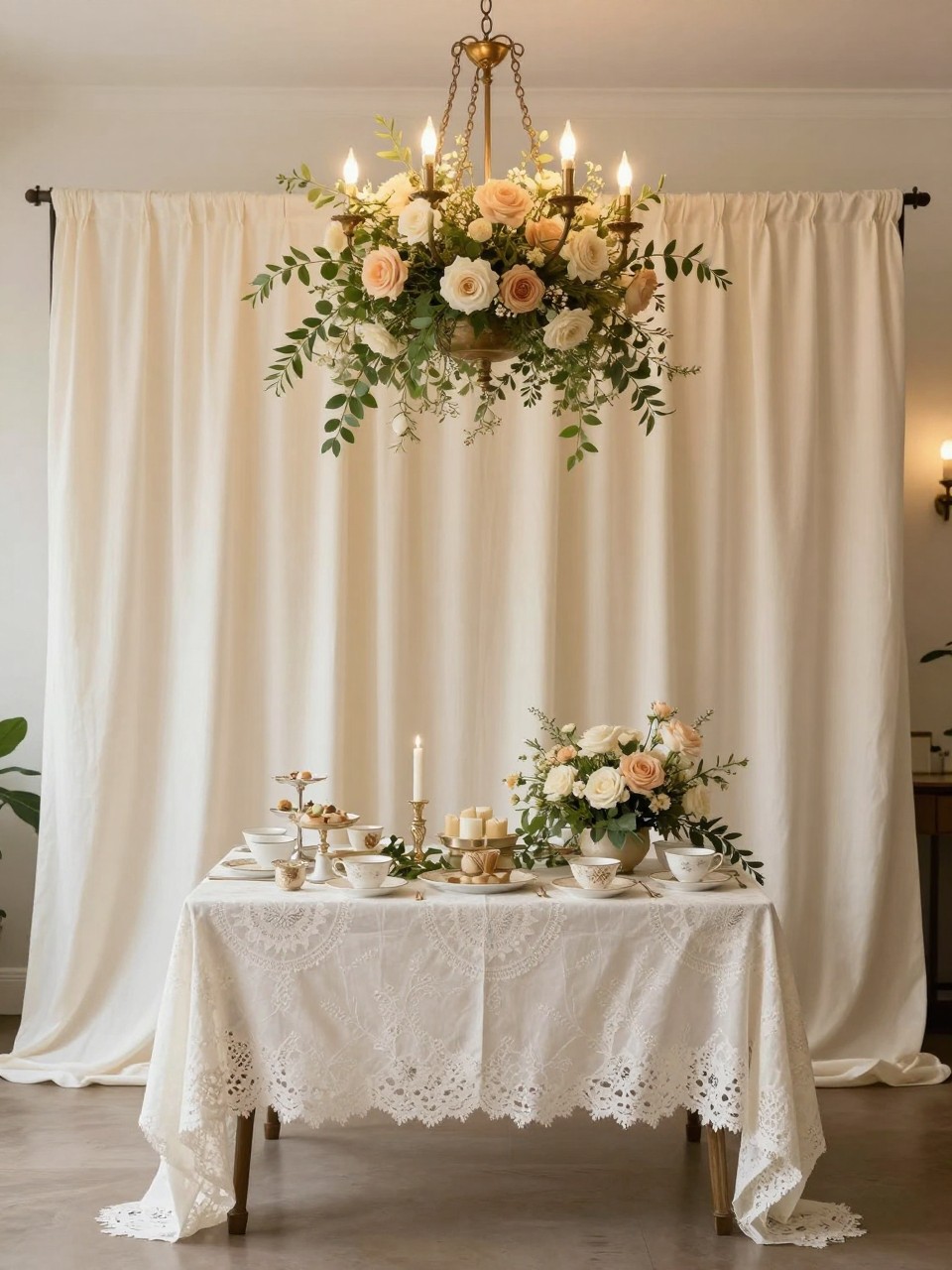 Image Prompt:
A single realistic photo of a tea party backdrop with a hanging floral chandelier above a small tea table, soft cream fabric backdrop behind it, blush and ivory flowers, greenery, teacups, lace tablecloth, candle-style decor, elegant indoor brunch setting, no people, no faces, soft warm lighting, realistic high-end event photography, no text, no watermark.