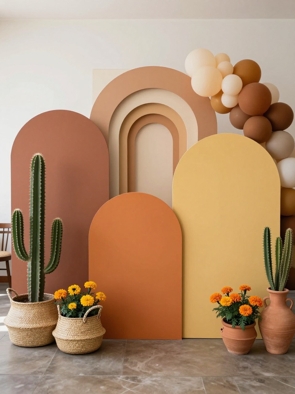 Image Prompt:
A single realistic editorial-style photo of a Mexican-inspired event backdrop with layered arch panels in terracotta, cream, burnt orange, and warm yellow, potted cactus plants, marigold-style flowers, woven baskets, rustic clay vases, soft balloon accents, bright indoor venue, no people, no faces, warm natural lighting, realistic event photography, no text, no watermark.