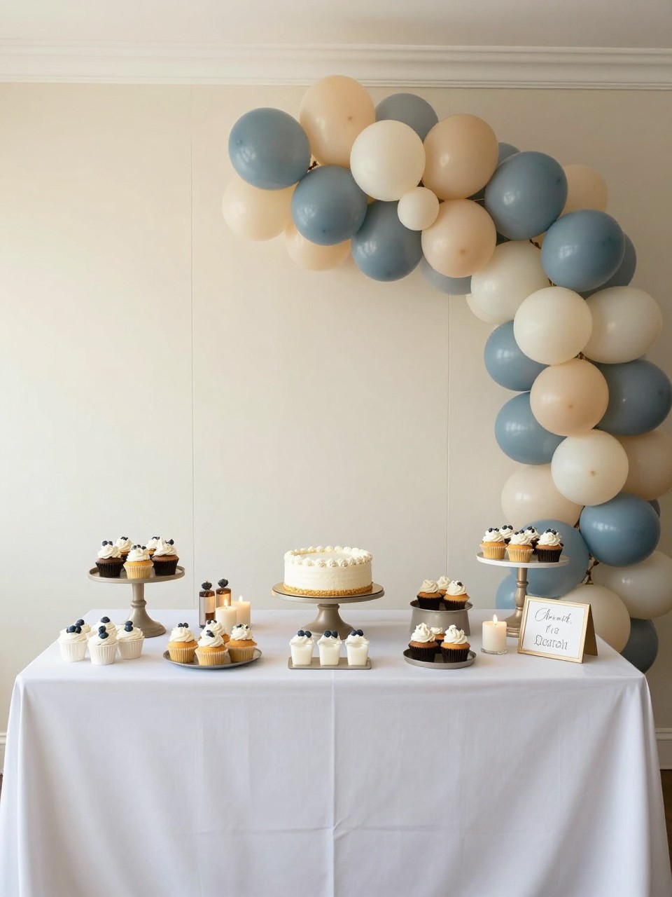 Image Prompt:
A single realistic photo of a farewell dessert table backdrop with a clean cream wall panel, muted balloon garland in ivory, dusty blue, and beige, a styled dessert table with cupcakes and cake on neutral stands, candle clusters, and a few travel-inspired props, elegant indoor party setup, no people, no faces, bright natural lighting, realistic event and food photography, no readable text, no watermark.