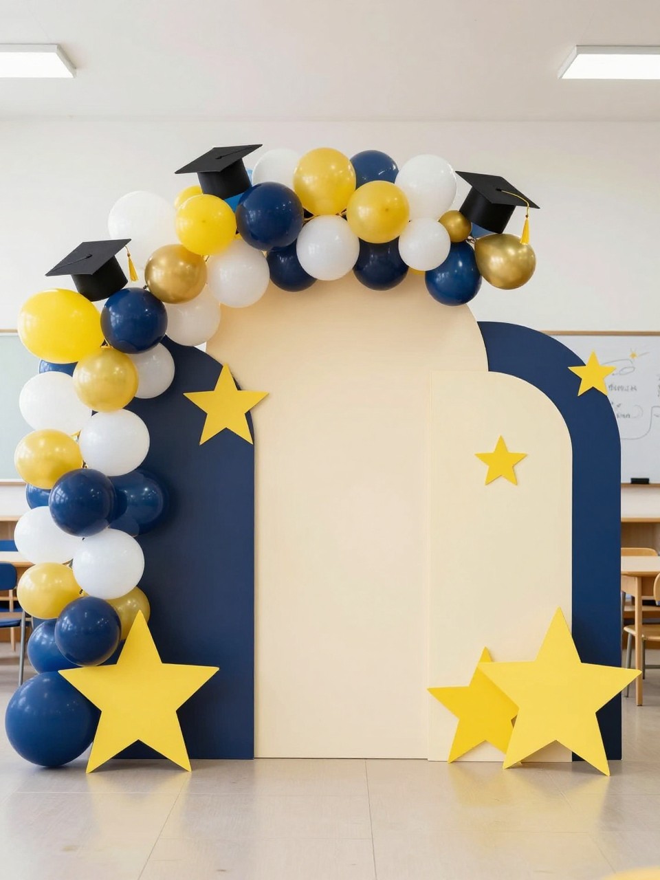 Image Prompt:
A single realistic photo of a preschool graduation backdrop with a navy blue and yellow star theme, cream arch panel, yellow star cutouts in different sizes, white and gold balloon garland, small graduation cap props, bright school celebration room, no people, no faces, realistic event photography, no readable text, no watermark.