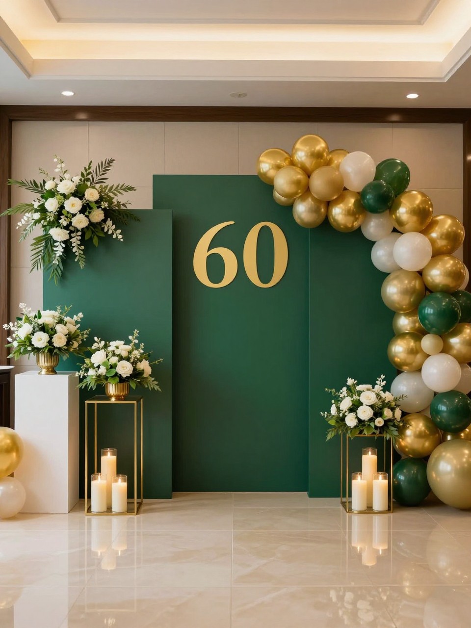 Image Prompt:
A single realistic editorial photo of a luxe green and gold 60th birthday backdrop with deep emerald green panels, gold balloon garland, white and green floral arrangements, gold pedestal stands, candle clusters, polished indoor venue, no people, no faces, warm elegant lighting, realistic high-end event photography, no watermark.