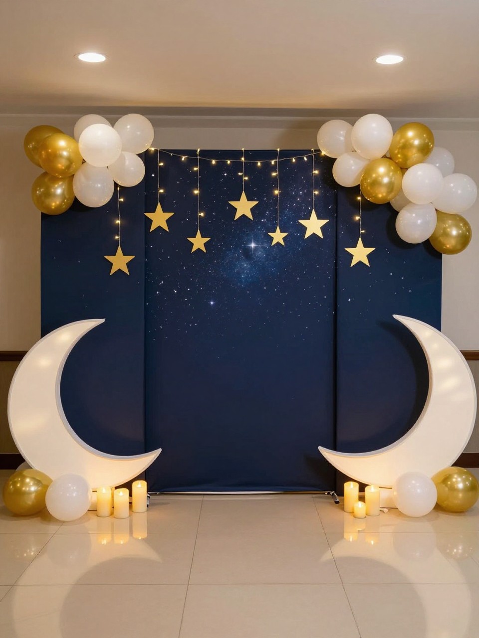 Image Prompt:
A single realistic editorial-style photo of a starry night quinceañera backdrop with deep navy curved panels, gold star cutouts hanging from clear thread, warm fairy lights, gold and white balloon clusters, crescent moon prop, candle clusters, polished indoor evening venue, no people, no faces, glowing soft lighting, realistic event photography, no text, no watermark.