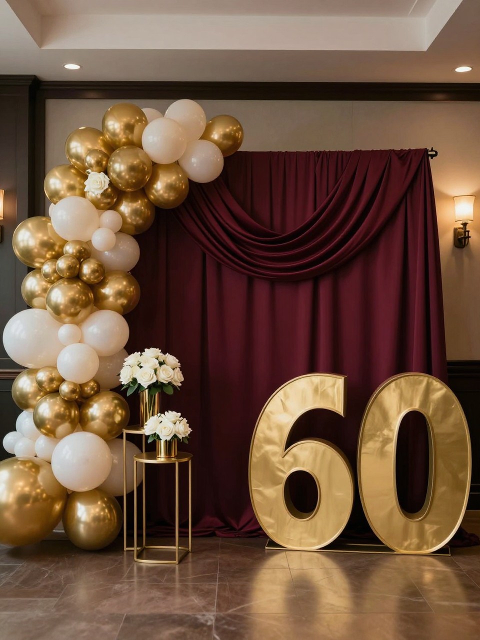 Image Prompt:
A single realistic editorial photo of a burgundy and gold 60th birthday backdrop with deep burgundy draped fabric, gold and ivory balloon garland, white roses, gold pedestal stands, large gold number 60 props, elegant indoor party space, no people, no faces, warm moody lighting, realistic luxury event photography, no watermark.