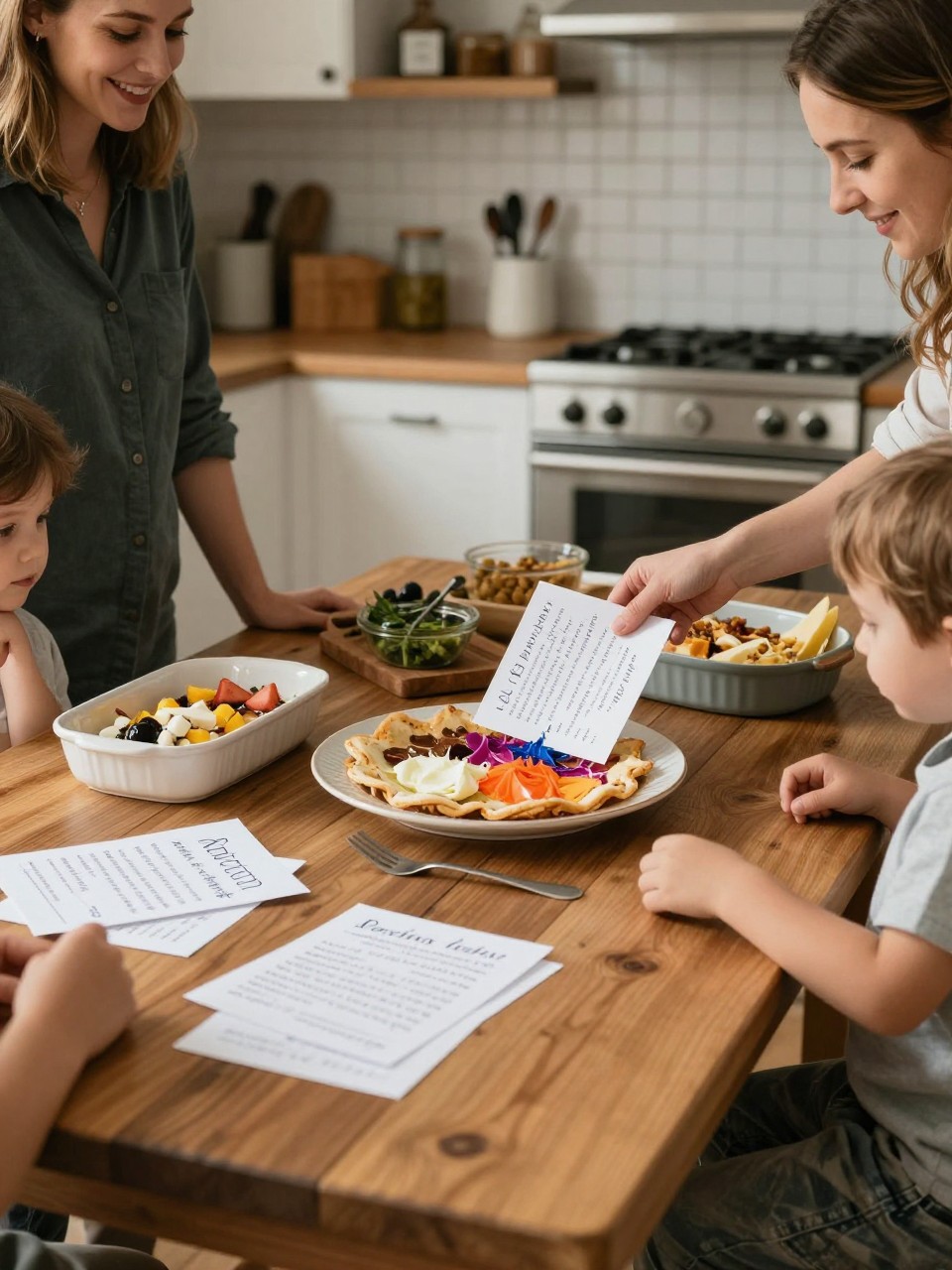 A realistic editorial photo of an intimate home kitchen gender reveal, rustic-modern table, handwritten recipe cards, baking dishes, parents opening a recipe card or cutting into a carefully plated dish with one reveal color hidden inside, warm family kitchen atmosphere