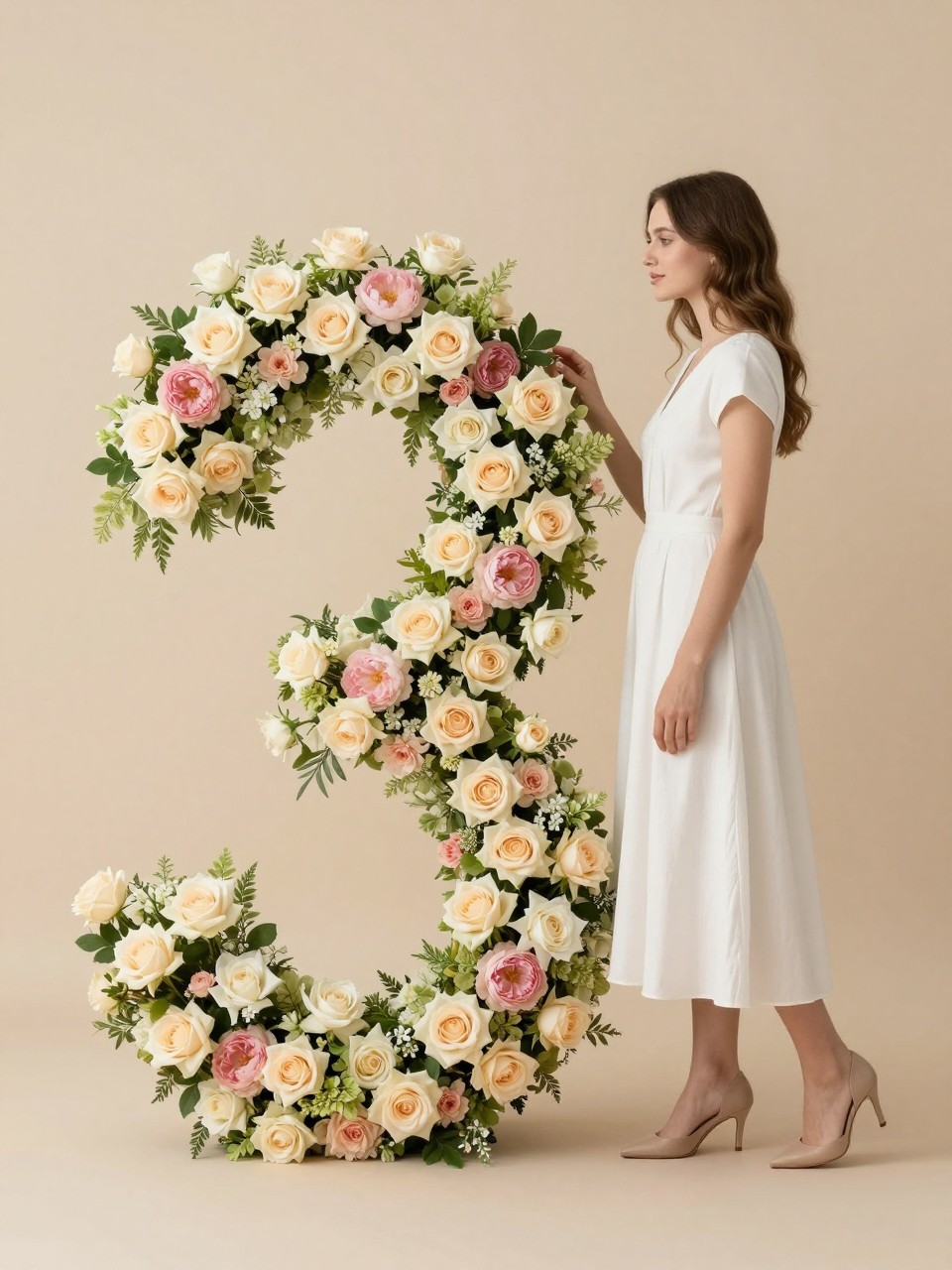 Image Prompt:
A realistic studio birthday photoshoot of a white woman standing beside large freestanding birthday age numbers covered in fresh-looking flowers, including cream roses, pink peonies, and soft greenery. She wears a simple white column dress and nude heels, with soft natural makeup. Her face is partly turned toward the floral numbers, side profile visible. The studio backdrop is warm beige with soft romantic lighting and a polished floral editorial style. DSLR photo-realistic, vertical image.