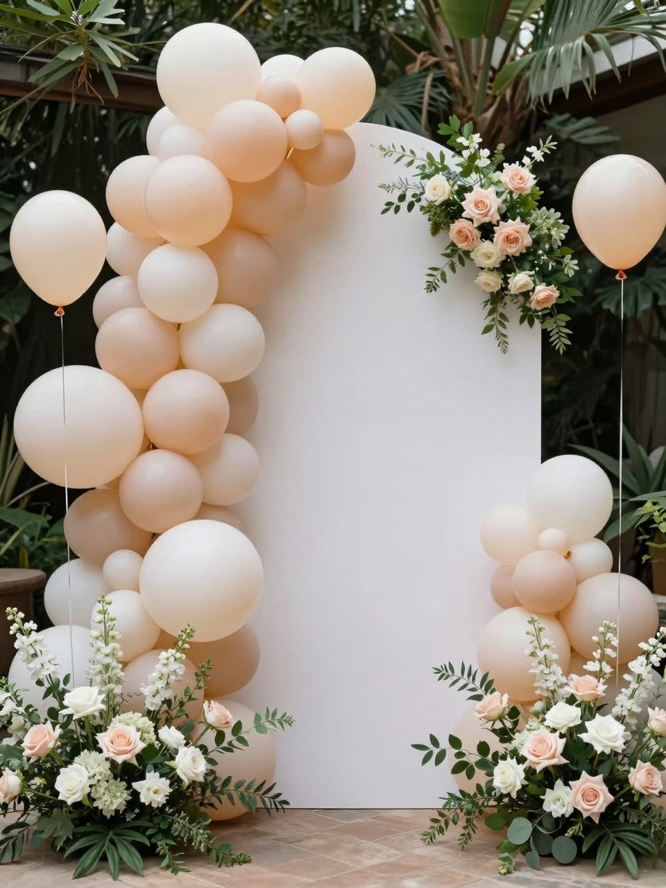 Image Prompt:
A single realistic photo of a romantic balloon backdrop with blush, ivory, and soft peach balloons woven together with fresh-looking roses, hydrangeas, and greenery, arranged around a white arched frame, small floral clusters at the base, garden-inspired indoor party styling, no people, no faces, soft natural light, realistic editorial event photography, no text, no watermark.