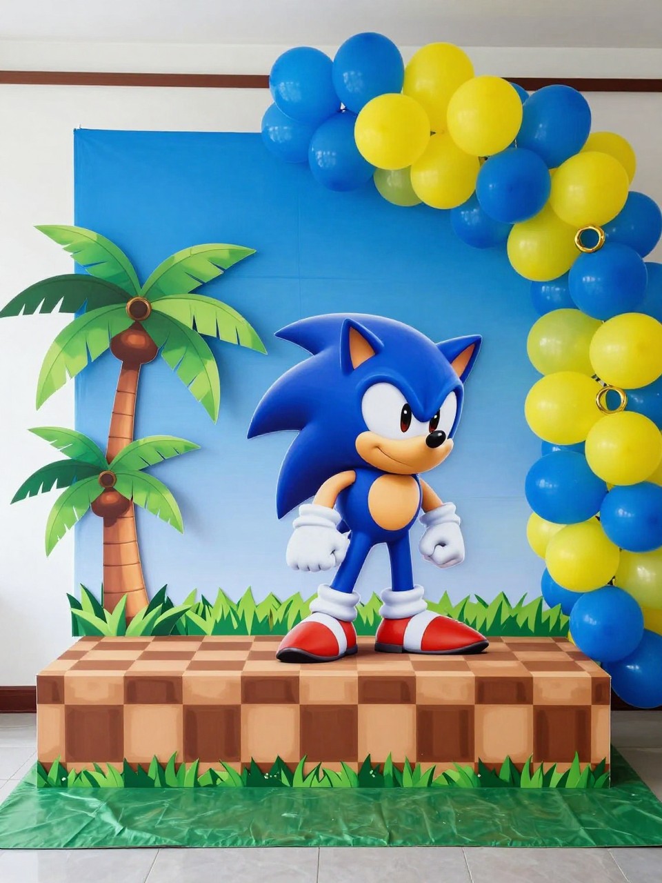 Image Prompt:
A single realistic editorial-style photo of a Sonic-inspired Green Hill Zone party backdrop with bright blue sky panel, green grass-style base, checkerboard brown and tan platform details, palm tree props, gold ring accents, blue and yellow balloon garland, bright indoor or covered outdoor party setting, no people, no faces, realistic birthday event photography, no text, no watermark.