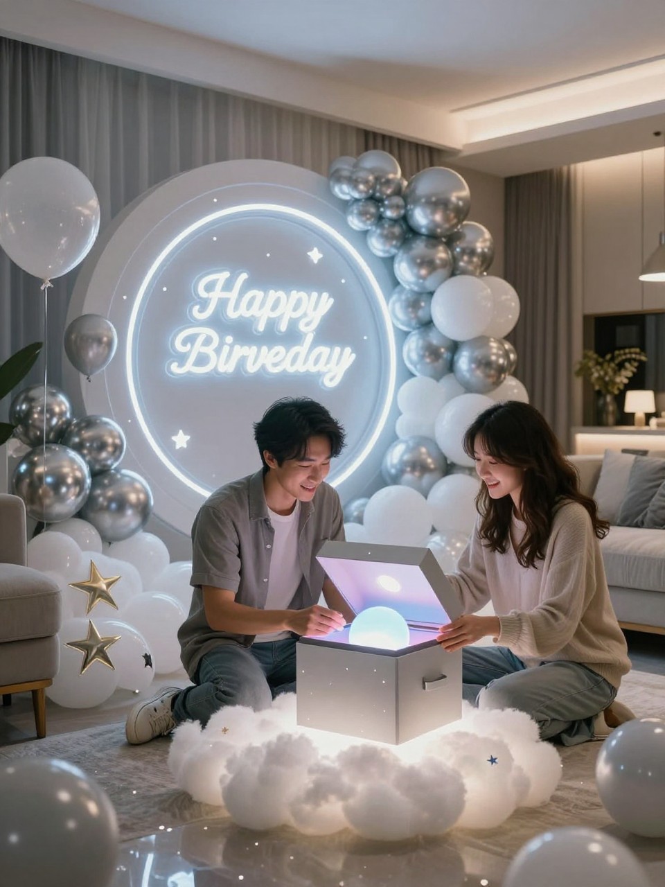 A realistic editorial photo of a futuristic but cozy gender reveal party with a little starship arrival theme, soft silver decor, glowing acrylic signs, cloud-like seating, star details, parents opening a sleek capsule box with one reveal color light inside, modern home interior, cinematic lifestyle photography