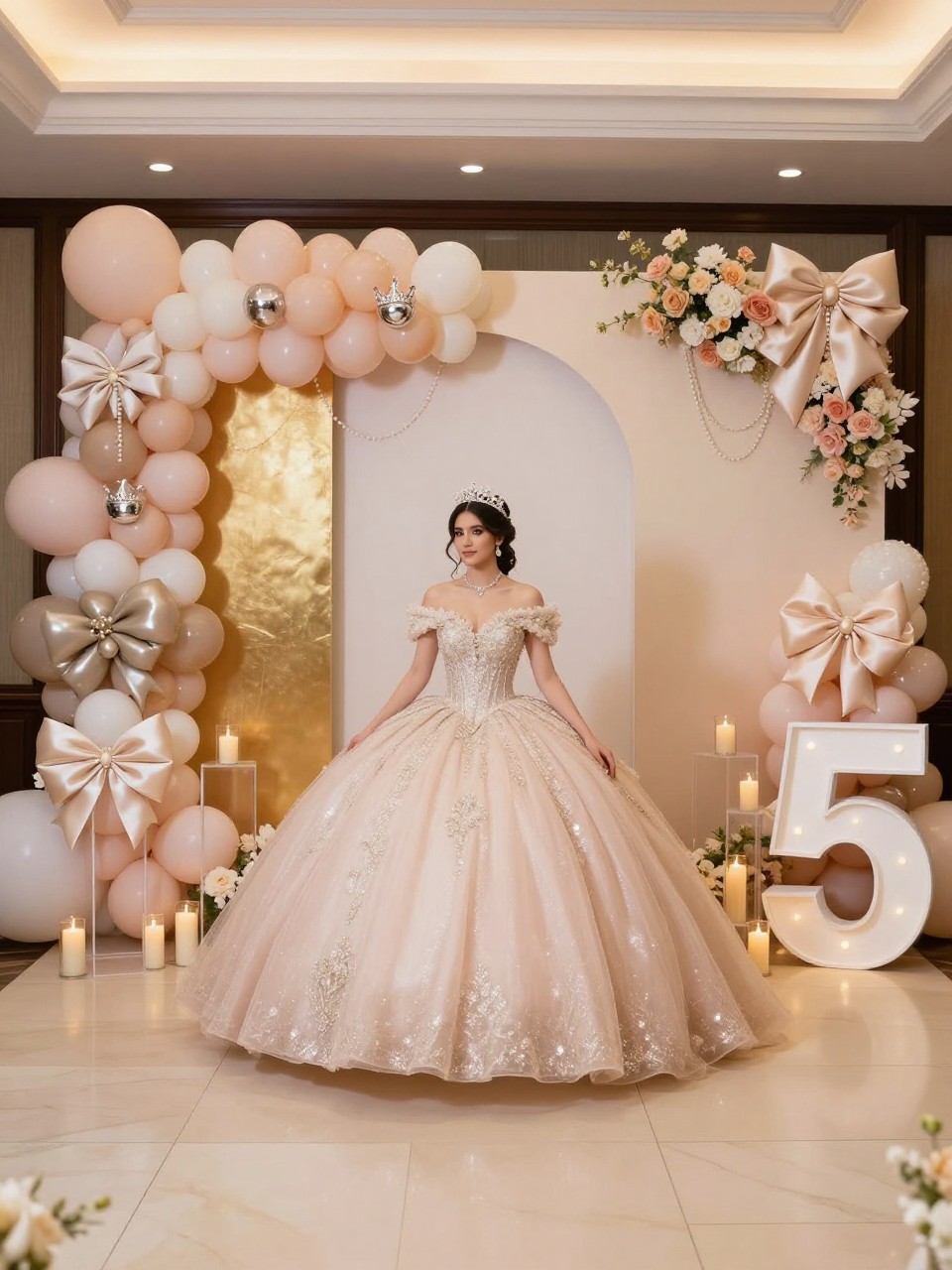 Image Prompt:
A single realistic editorial-style photo of a full glam quinceañera backdrop with layered blush, ivory, champagne, and gold panels, organic balloon garland, satin bows, pearl accents, soft floral clusters, crown props, clear plinths, candlelight, and a large number fifteen prop, elegant indoor ballroom venue, no people, no faces, warm flattering lighting, realistic luxury event photography, no text, no watermark.